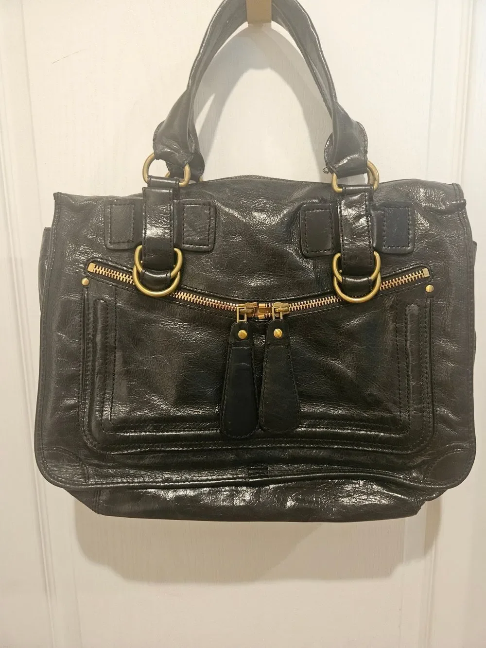 Classic Black Leather Satchel with Gold Hardware